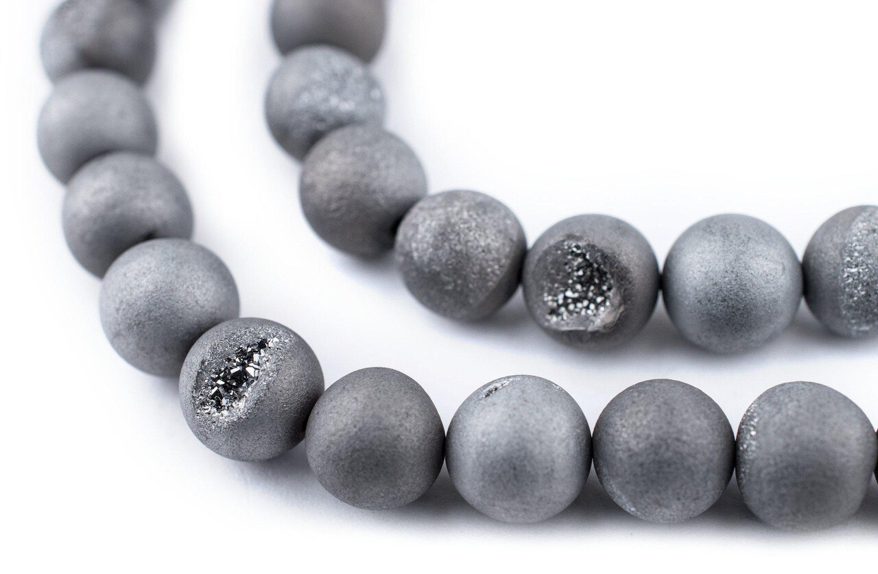The Bead Chest Silver Round Druzy Agate Beads (10mm): Organic Gemstone Round Spherical Energy Stone Healing Power Crystal for Jewelry Bracelet Mala Necklace Making
